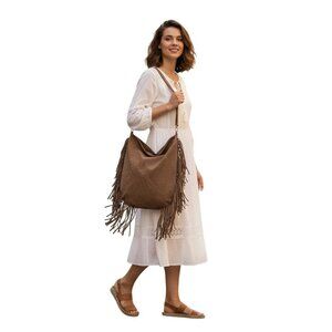 Forever 21 Brown Faux Suede Fringe Hobo Tote Shoulder Bag